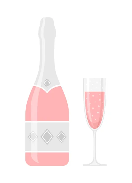 Бутылка Бокал Розового Шампанского Игристое Вино Изолированы Белом Фоне Векторная — стоковый вектор