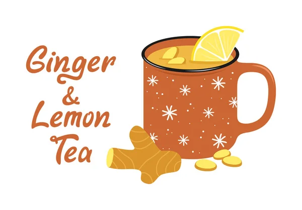 生姜の根のある生姜レモンティーと白い背景のレモンのスライスのカップ 暑い冬の飲み物 平面ベクトル図 — ストックベクタ