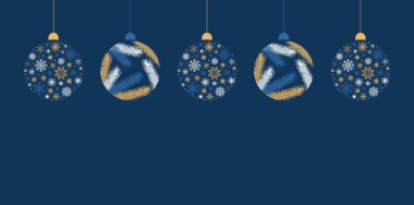 Üzerinde kar taneleri ve köknar dalları olan mavi arkaplan ve fotokopi alanı olan Noel baloları çerçevesi. Düz biçimli vektör illüstrasyonu