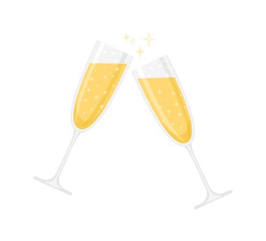 Beyaz arka planda iki bardak köpüklü şarap ya da şampanya. Düz biçimli vektör illüstrasyonu