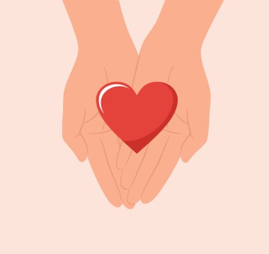 Hands holding red heart in palms, top view. Flat vector illustration