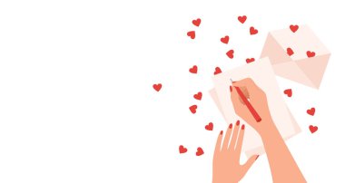 Hand writing letter, envelope and scattered red hearts on white background with copy space, top view. Flat vector illustration