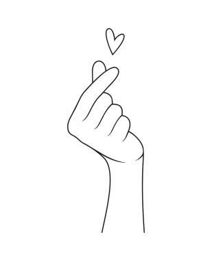 Parmaklarıyla kalbi ya da aşk işaretini gösteren bir el. Çizgi sanatı tarzında minimalist vektör illüstrasyonu