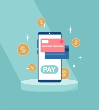 Smartphone on stand with payment button, credit cards on screen and gold coins around. Mobile banking concept. Vector illustration in flat style