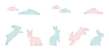Easter bunny set in minimalist linear style. Cute rabbits and clouds on a white background. Vector illustration