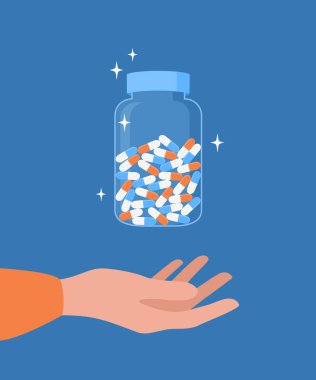 A hand holding a jar with capsules on a blue background. Vector illustration in flat style