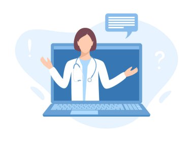 Female doctor on laptop screen. Medical consultation online. Flat vector illustration