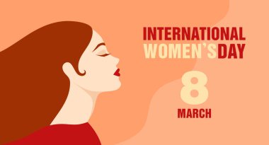 Profile portrait of a beautiful woman with long hair and closed eyes. International Women's Day greeting card. Vector illustration in flat style