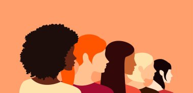 Women of different ethnicities standing together in a row, side view. Vector illustration in flat style