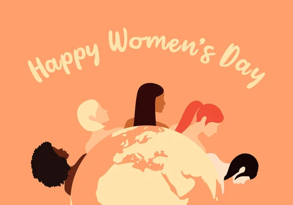 Women Different Ethnicities Globe Planet Earth International Women Day Greeting — Stockvektor