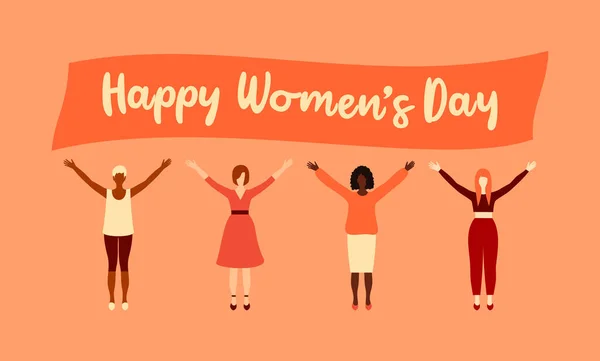 Ženy Různých Národností Stojí Spolu Dlouhým Plakátem Mezinárodní Den Žen — Stockový vektor