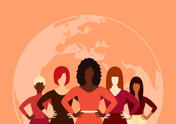 Women Different Ethnic Groups Standing Together Background Earth Globe Vector — стоковый вектор