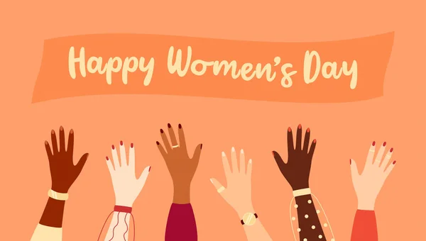 Raised Hands Women Different Ethnicities Text Banner International Women Day — Stock Vector