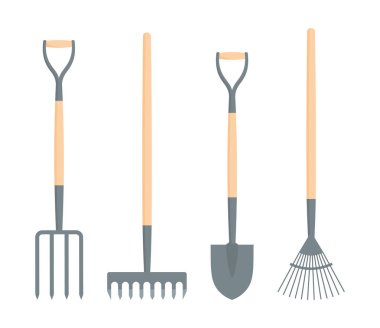 Bahçe aletleri. Kazı küreği, kazı çatalı, yaprak tırmığı ve toprak tırmığı beyaz arka planda izole edilmiş. Düz biçimli vektör illüstrasyonu