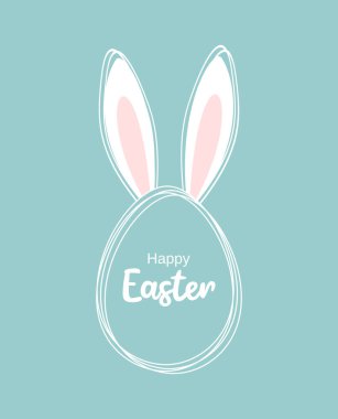 Paskalya tebrik kartı. İçinde tipografi olan Paskalya yumurtası ve pastel yeşil arka planda tavşan kulağı. Düz vektör illüstrasyonu