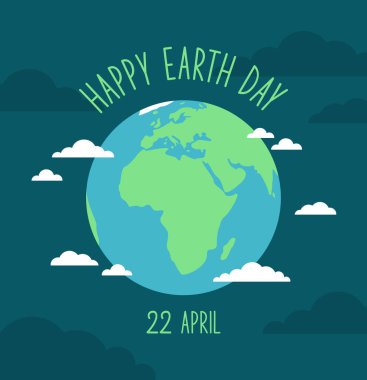 Koyu mavi arka planda bulutlarla çevrili Dünya gezegeninin küresi. Dünya Günü 'nüz kutlu olsun. Düz vektör illüstrasyonu