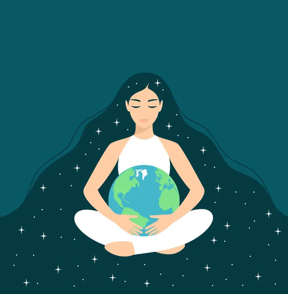 年轻的女人 有着长长的星形头发 紧闭的眼睛 坐在荷花的位置 拥抱着地球 关心和保护环境 平面矢量图解 — 图库矢量图片