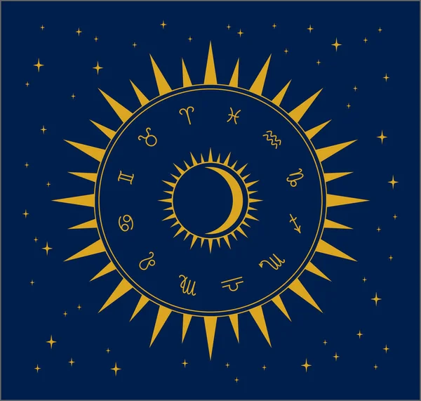 Złoty Krąg Zodiaku Znakami Zodiaku Ciemnoniebieskim Tle Gwiaździstym Ilustracja Wektora — Wektor stockowy
