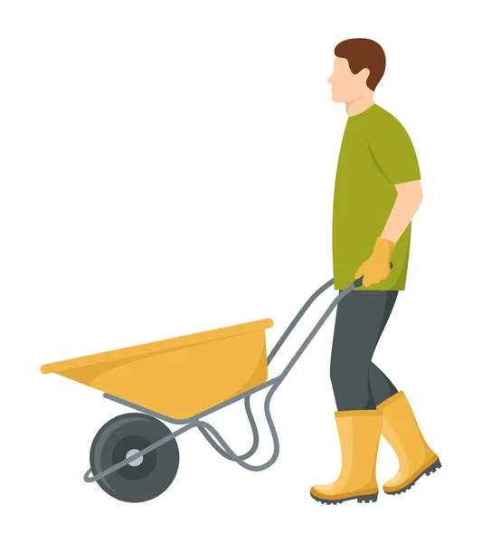 stock vector A man in rubber boots and gloves carrying a wheelbarrow isolated on a white background, side view. Vector illustration in flat style