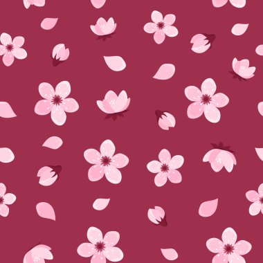 Pembe kiraz ağacı çiçekleri koyu pembe arka planda pürüzsüz desen. Sakura çiçek deseni. Düz biçimli vektör illüstrasyonu