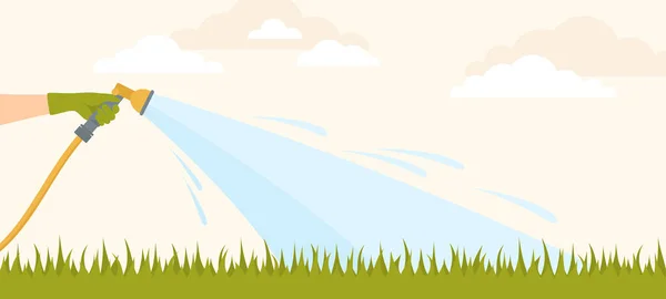 庭のホースで芝生に水をやるゴム手袋の手 平面ベクトル図 — ストックベクタ