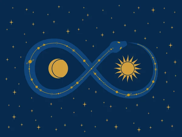Змея Космическим Рисунком Спине Делает Знак Бесконечности Вокруг Солнца Луны — стоковый вектор
