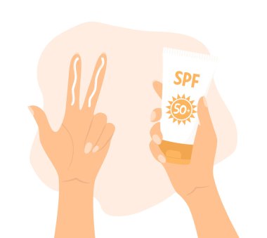 Bir elinde krem, diğerinde güneş kremi var. Eller, yüz için nasıl güneş kremi kullanılacağını gösteriyor. Düz biçimli vektör illüstrasyonu