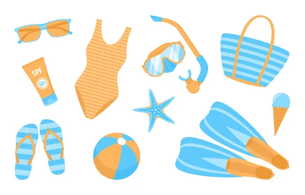 Комплект Летних Пляжных Предметов Синем Оранжевом Цветах Изолирован Белом Фоне — стоковый вектор