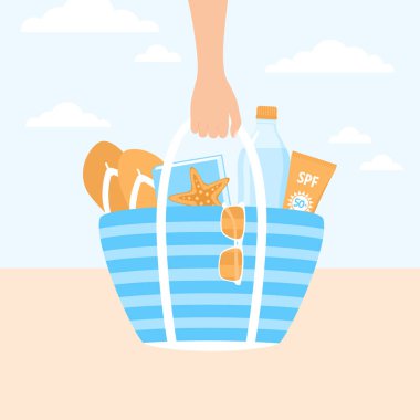 Her çantaya parmak arası terlik, kitap, güneş kremi, su şişesi, güneş gözlüğü ve deniz yıldızı ile el ele tutuşun. Düz vektör illüstrasyonu