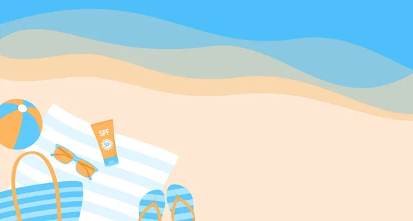 海滩毛巾 翻筋斗 防晒霜和太阳镜在沙滩上靠近水 平面矢量图解 — 图库矢量图片