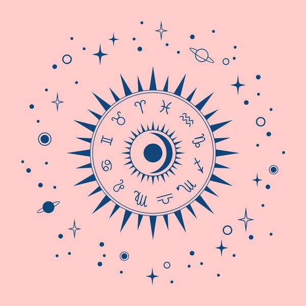 Σκούρο Μπλε Ζωδιακό Κύκλο Πλανήτες Και Αστέρια Γύρω Ροζ Φόντο — Διανυσματικό Αρχείο