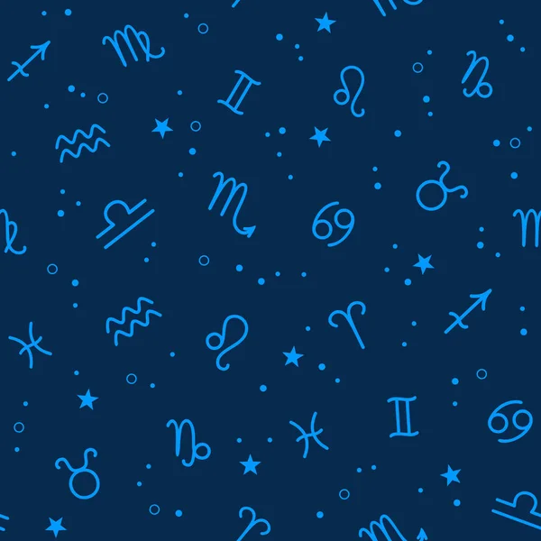 Nahtloses Muster Von Tierkreiszeichen Und Sternen Auf Dunkelblauem Hintergrund Vektorillustration — Stockvektor