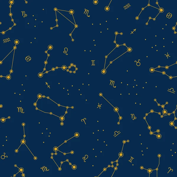 Nahtloses Muster Mit Gelben Sternbildern Und Zeichen Auf Dunkelblauem Hintergrund — Stockvektor