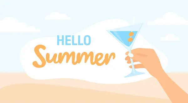 Hand Mit Cocktail Und Sms Hallo Sommer Auf Einem Strand — Stockvektor