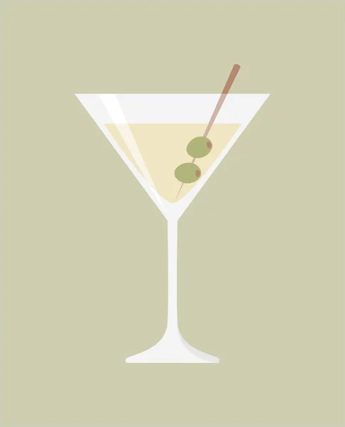Glas Martini Med Oliven Spyd Grøn Olivenbaggrund Flad Vektorillustration – Stock-vektor