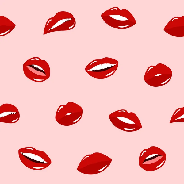 ピンクの背景に光沢のある赤い口紅と女性の唇のシームレスなパターン 女性の口のジェスチャーのパターン 平型ベクトルイラスト — ストックベクタ
