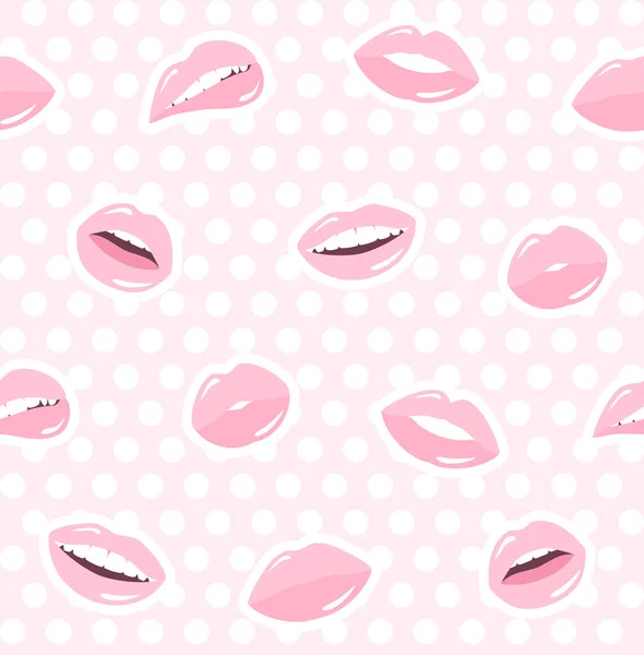 Nahtloses Muster Mit Pinkfarbenen Weiblichen Lippen Auf Rosa Weißem Tupfen — Stockvektor
