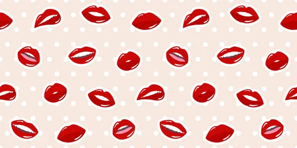 无缝隙的图案 红色的女性唇在米黄色的波尔卡点背景 女性嘴巴姿势的模式 平面样式的矢量图解 — 图库矢量图片