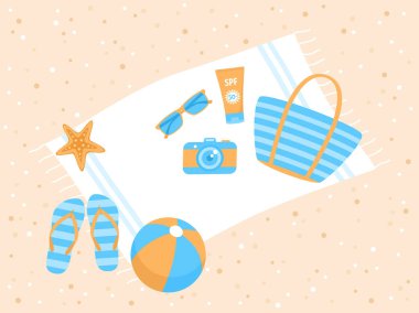 Beach items - towel, bag, flip flops, sunscreen, camera, sunglasses, ball and starfish on sand background, top view. Flat vector illustration clipart