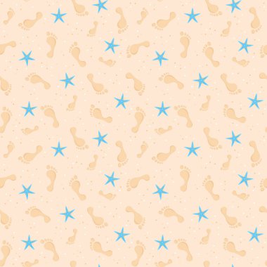 Sahildeki kumsalda kusursuz insan ayak izleri ve deniz yıldızı deseni. Düz biçimli vektör illüstrasyonu