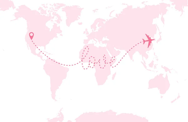 Een Roze Vliegtuig Dat Een Roze Wereldkaart Vliegt Gestreepte Route — Stockvector