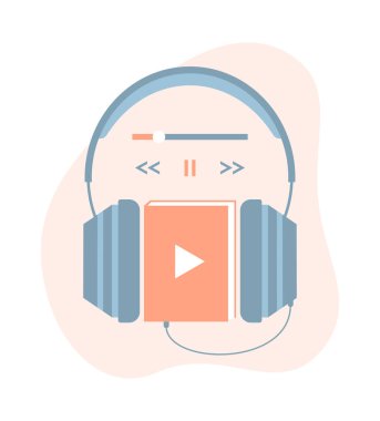 Headphones connected to the book. Listening to an audiobook. Flat vector illustration