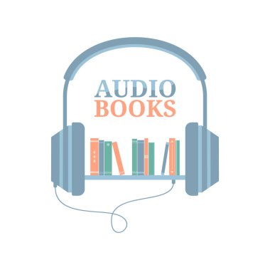 Headphones connected to a bookshelf isolated on a white background. Listening to audiobooks. Flat vector illustration
