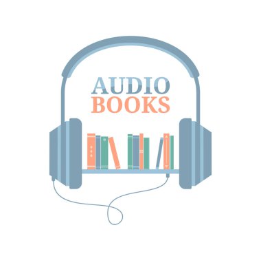 Headphones connected to a bookshelf isolated on a white background. Listening to audiobooks. Flat vector illustration clipart