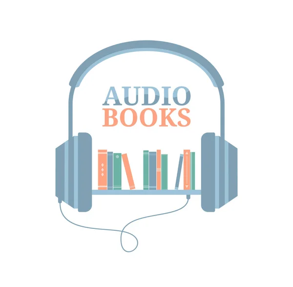 Headphones connected to a bookshelf isolated on a white background. Listening to audiobooks. Flat vector illustration