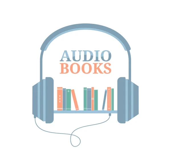 Headphones Connected Bookshelf Isolated White Background Listening Audiobooks Flat Vector — стоковый вектор