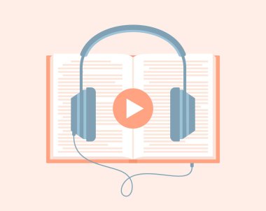 Headphones with play button connected to an open book. Listening to an audiobook. Flat vector illustration clipart