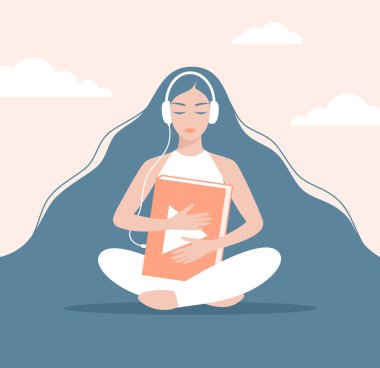 Kulaklık takan, Lotus pozisyonunda oturan, bulutlu bir arka planda oturan ve elinde büyük bir kitap tutan genç bir kadın. Sesli kitap dinleyen bir kadın. Düz vektör illüstrasyonu