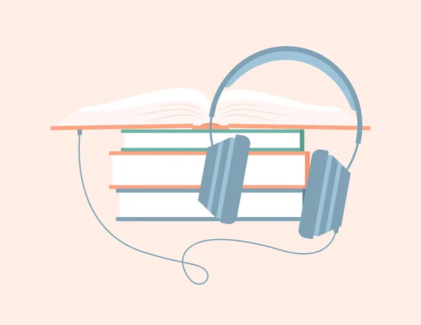 Куча Книг Наушников Связанных Открытой Книгой Слушаю Аудиокниги Плоская Векторная — стоковый вектор