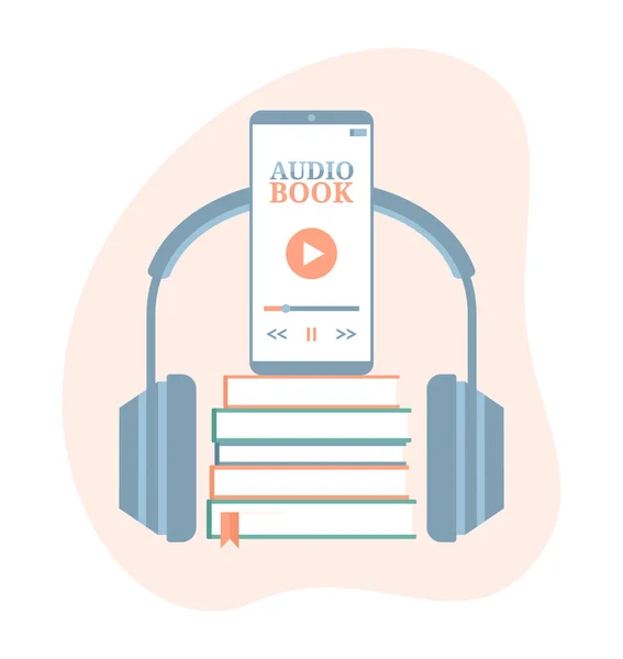 Kulaklıklar Bir Yığın Kitap Ekranında Sesli Uygulama Olan Bir Telefon — Stok Vektör